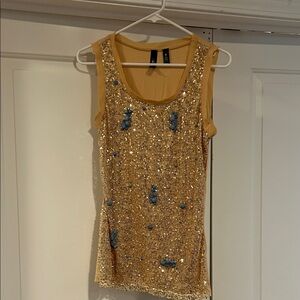 BKE Gold Sequin Tank with Blue Accents